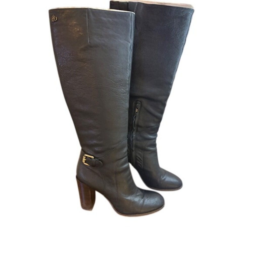 Vinrage y2k Sam Edelman Black Leather Knee High Boots Brass Buckle